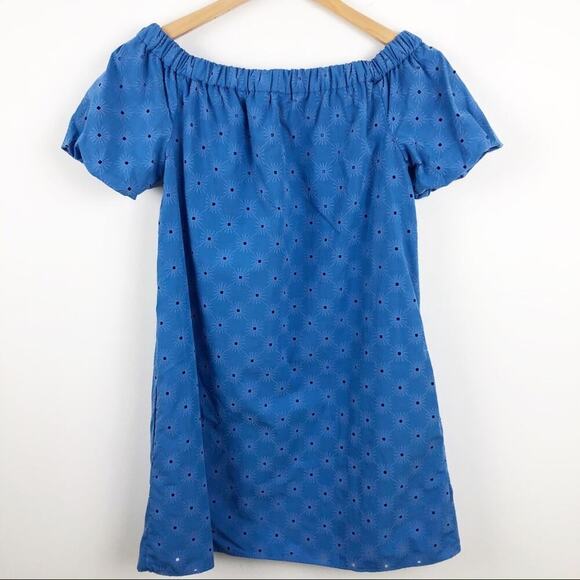 Zara Floral Openwork Textured Blue Off Shoulder Mini Sun Dress Balloon Sleeve - Picture 11 of 15